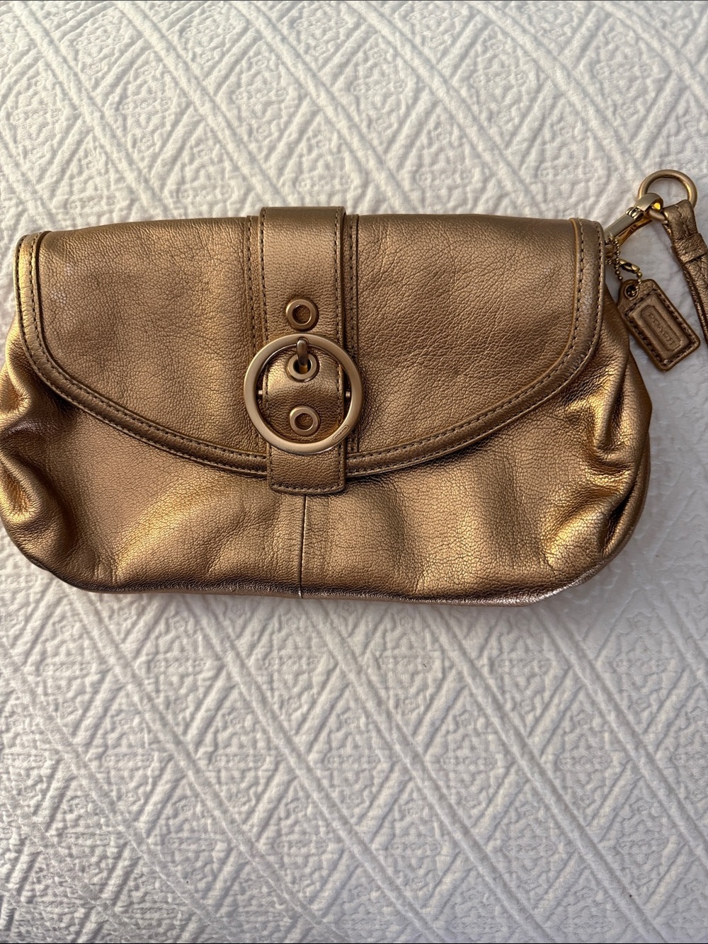 Coach Metallic Bronze Leather Wristlet Clutch with Ring Detail